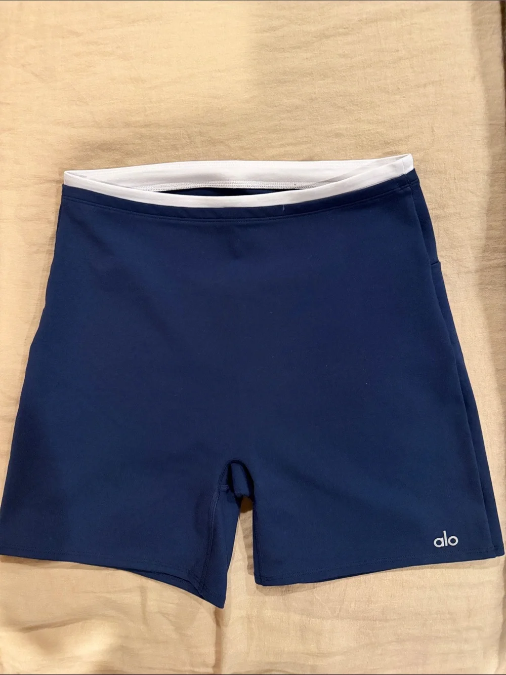 ALO Yoga Navy Bike Shorts with White Waistband